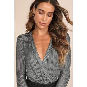 Lulus Do The Disco Silver Metallic Surplice Long Sleeve Bodysuit - Size S